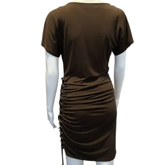 Michael Michael Kors XS Brown Ruched Lace-Up Grommet Bodycon Mini Dress - Picture 4 of 9